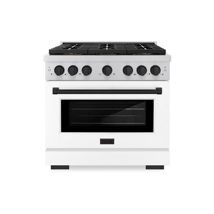 ZLINE Autograph 36" 5.2 cu. ft. Paramount Dual Fuel Range with 6 Burner DuoPro™ Cooktop and Electric Convection Oven with White Matte Door and Matte Black Accents, PSDRZ-WM-36-MB