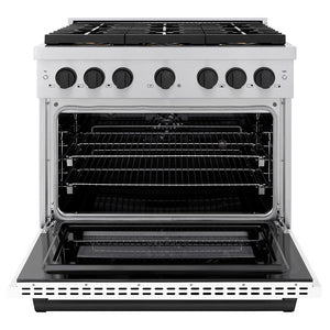 ZLINE Autograph 36" 5.2 cu. ft. Paramount Dual Fuel Range with 6 Burner DuoPro™ Cooktop and Electric Convection Oven with White Matte Door and Matte Black Accents, PSDRZ-WM-36-MB