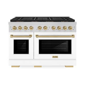 ZLINE Autograph 48" 6.7 cu. ft. Paramount Dual Fuel Range with 8 Burner DuoPro™ Cooktop and Dual Ovens with White Matte Doors and Champagne Bronze Accents, PSDRZ-WM-48-CB