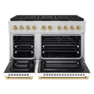 ZLINE Autograph 48" 6.7 cu. ft. Paramount Dual Fuel Range with 8 Burner DuoPro™ Cooktop and Dual Ovens with White Matte Doors and Champagne Bronze Accents, PSDRZ-WM-48-CB