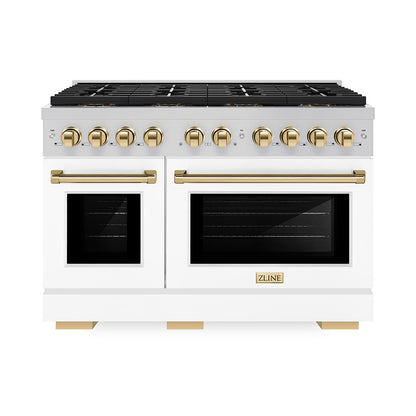 ZLINE Autograph 48" 6.7 cu. ft. Paramount Dual Fuel Range with 8 Burner DuoPro™ Cooktop and Dual Ovens with White Matte Doors and Polished Gold Accents, PSDRZ-WM-48-G
