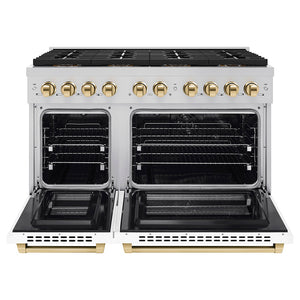 ZLINE Autograph 48" 6.7 cu. ft. Paramount Dual Fuel Range with 8 Burner DuoPro™ Cooktop and Dual Ovens with White Matte Doors and Polished Gold Accents, PSDRZ-WM-48-G
