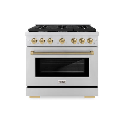 ZLINE Autograph 36" 5.2 cu. ft. Paramount Dual Fuel Range with 6 Burner Gas Cooktop and Electric Convection Oven in Stainless Steel with Champagne Bronze Helix Handle and Knob Accents, SDRZ-36-KCB