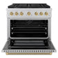 ZLINE Autograph 36" 5.2 cu. ft. Paramount Dual Fuel Range with 6 Burner Gas Cooktop and Electric Convection Oven in Stainless Steel with Champagne Bronze Helix Handle and Knob Accents, SDRZ-36-KCB