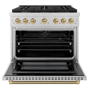 ZLINE Autograph 36" 5.2 cu. ft. Paramount Dual Fuel Range with 6 Burner Gas Cooktop and Electric Convection Oven in Stainless Steel with Champagne Bronze Helix Handle and Knob Accents, SDRZ-36-KCB