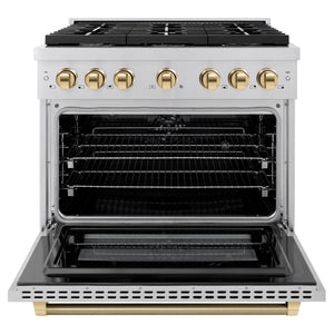 ZLINE Autograph 36" 5.2 cu. ft. Paramount Dual Fuel Range with 6 Burner Gas Cooktop and Electric Convection Oven in Stainless Steel with Polished Gold Helix Handle and Knob Accents, SDRZ-36-KG