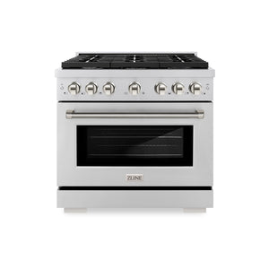 ZLINE Autograph 36" 5.2 cu. ft. Paramount Dual Fuel Range with 6 Burner Gas Cooktop and Electric Convection Oven in Stainless Steel with Polished Nickel Helix Handle and Knob Accents, SDRZ-36-KPN