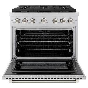 ZLINE Autograph 36" 5.2 cu. ft. Paramount Dual Fuel Range with 6 Burner Gas Cooktop and Electric Convection Oven in Stainless Steel with Polished Nickel Helix Handle and Knob Accents, SDRZ-36-KPN