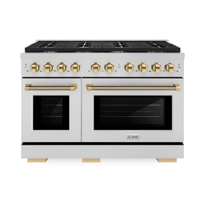 ZLINE Autograph 48" 6.7 cu. ft. Paramount Double Oven Dual Fuel Range with 8 Burner Gas Cooktop in Stainless Steel and Polished Gold Helix Handles and Knob Accents, SDRZ-48-KG