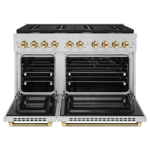 ZLINE Autograph 48" 6.7 cu. ft. Paramount Double Oven Dual Fuel Range with 8 Burner Gas Cooktop in Stainless Steel and Polished Gold Helix Handles and Knob Accents, SDRZ-48-KG