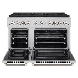 ZLINE Autograph 48" 6.7 cu. ft. Paramount Double Oven Dual Fuel Range with 8 Burner Gas Cooktop in Stainless Steel and Polished Nickel Helix Handles and Knob Accents, SDRZ-48-KPN