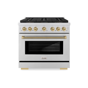 ZLINE Autograph 36" 5.2 cu. ft. Paramount Dual Fuel Range with 6 Burner DuoPro™ Cooktop and Electric Convection Oven in Stainless Steel with Champagne Bronze Helix Handle and Accents, PSDRZ-36-KCB