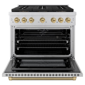 ZLINE Autograph 36" 5.2 cu. ft. Paramount Dual Fuel Range with 6 Burner DuoPro™ Cooktop and Electric Convection Oven in Stainless Steel with Champagne Bronze Helix Handle and Accents, PSDRZ-36-KCB