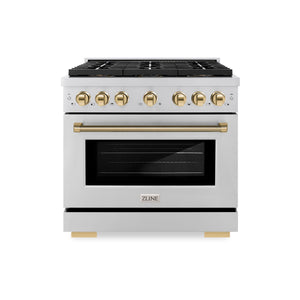 ZLINE Autograph 36" 5.2 cu. ft. Paramount Dual Fuel Range with 6 Burner DuoPro™ Cooktop and Electric Convection Oven in Stainless Steel with Polished Gold Helix Handle and Accents, PSDRZ-36-KG