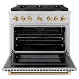 ZLINE Autograph 36" 5.2 cu. ft. Paramount Dual Fuel Range with 6 Burner DuoPro™ Cooktop and Electric Convection Oven in Stainless Steel with Polished Gold Helix Handle and Accents, PSDRZ-36-KG