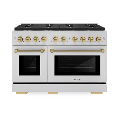 ZLINE Autograph 48" 6.7 cu. ft. Paramount Double Oven Dual Fuel Range with 8 Burner Gas Cooktop in Stainless Steel and Champagne Bronze Helix Handles and Knob Accents, SDRZ-48-KCB