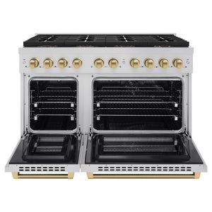 ZLINE Autograph 48" 6.7 cu. ft. Paramount Double Oven Dual Fuel Range with 8 Burner Gas Cooktop in Stainless Steel and Champagne Bronze Helix Handles and Knob Accents, SDRZ-48-KCB