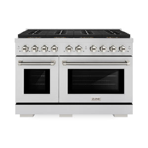 ZLINE Autograph 48" 6.7 cu. ft. Paramount Dual Fuel Range with 8 Burner DuoPro™ Cooktop and Dual Ovens in Stainless Steel with Polished Nickel Helix Handles and Accents, PSDRZ-48-KPN
