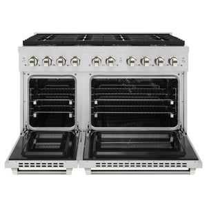 ZLINE Autograph 48" 6.7 cu. ft. Paramount Dual Fuel Range with 8 Burner DuoPro™ Cooktop and Dual Ovens in Stainless Steel with Polished Nickel Helix Handles and Accents, PSDRZ-48-KPN