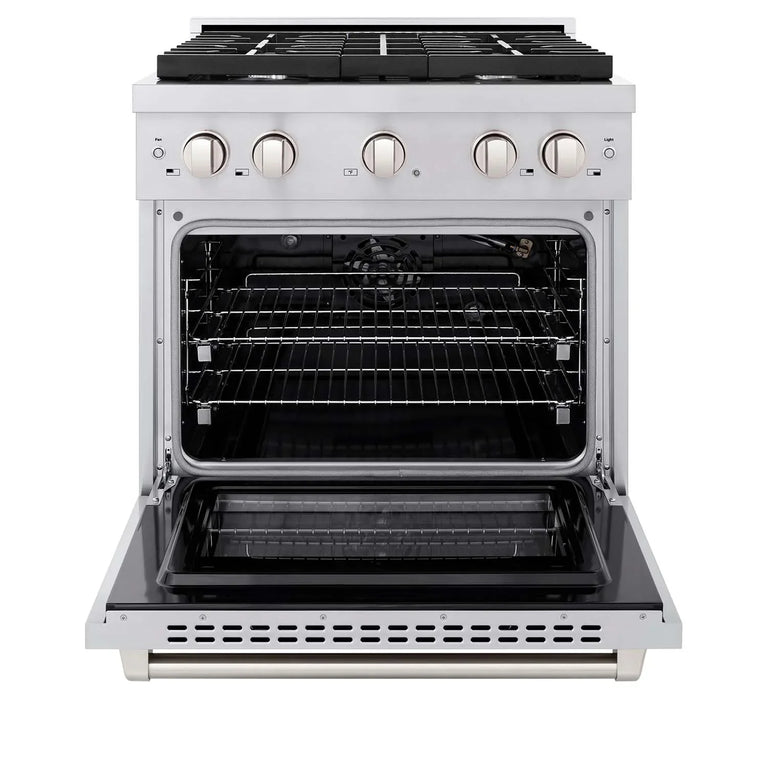 ZLINE Package - 30" Gas Range, Range Hood, Microwave, Refrigerator with Water and Ice Dispenser, Dishwasher in Stainless Steel