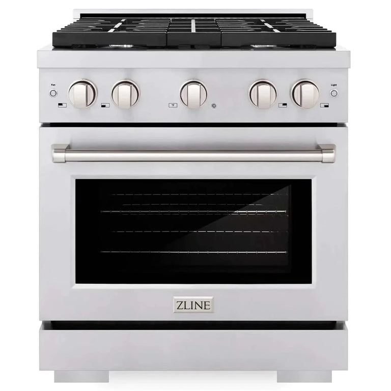 ZLINE Package - 30" Gas Range, Range Hood, Microwave, Refrigerator with Water and Ice Dispenser, Dishwasher in Stainless Steel