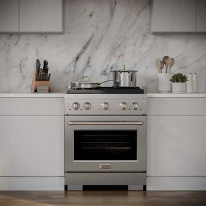 ZLINE Appliance Package - 30" Gas Range, Range Hood, 36" Refrigerator with Water/Ice Dispenser, 24" Microwave Drawer and Dishwasher in Stainless Steel