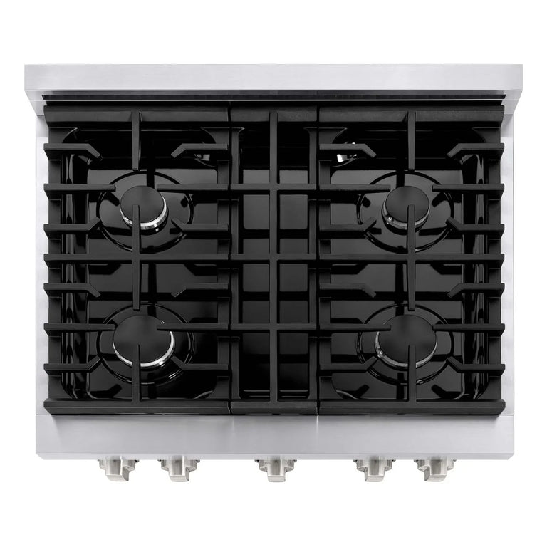 ZLINE Appliance Package - 30 in. Gas Range, 30 in. Range Hood, Microwave Drawer, 3 Rack Dishwasher, Refrigerator, 5KPR-SGRRH30-MWDWV