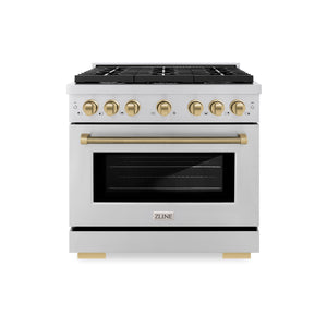 ZLINE Autograph 36" 5.2 cu. ft. Paramount Gas Range with 6 Burner Cooktop and Convection Gas Oven in Stainless Steel with Champagne Bronze Helix Handle and Knob Accents, SGRZ-36-KCB