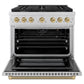 ZLINE Autograph 36" 5.2 cu. ft. Paramount Gas Range with 6 Burner Cooktop and Convection Gas Oven in Stainless Steel with Champagne Bronze Helix Handle and Knob Accents, SGRZ-36-KCB