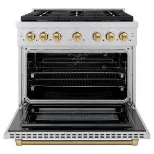 ZLINE Autograph 36" 5.2 cu. ft. Paramount Gas Range with 6 Burner Cooktop and Convection Gas Oven in Stainless Steel with Champagne Bronze Helix Handle and Knob Accents, SGRZ-36-KCB