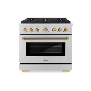 ZLINE Autograph 36" 5.2 cu. ft. Paramount Gas Range with 6 Burner Cooktop and Convection Gas Oven in Stainless Steel with Polished Gold Helix Handle and Knob Accents, SGRZ-36-KG