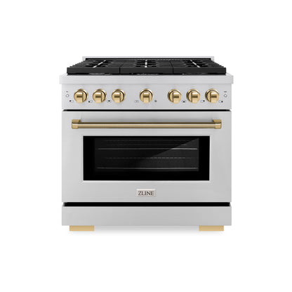 ZLINE Autograph 36" 5.2 cu. ft. Paramount Gas Range with 6 Burner Cooktop and Convection Gas Oven in Stainless Steel with Polished Gold Helix Handle and Knob Accents, SGRZ-36-KG