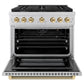 ZLINE Autograph 36" 5.2 cu. ft. Paramount Gas Range with 6 Burner Cooktop and Convection Gas Oven in Stainless Steel with Polished Gold Helix Handle and Knob Accents, SGRZ-36-KG