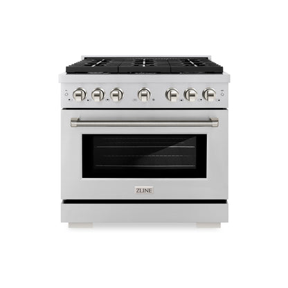 ZLINE Autograph 36" 5.2 cu. ft. Paramount Gas Range with 6 Burner Cooktop and Convection Gas Oven in Stainless Steel with Polished Nickel Helix Handle and Knob Accents, SGRZ-36-KPN