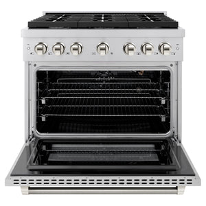 ZLINE Autograph 36" 5.2 cu. ft. Paramount Gas Range with 6 Burner Cooktop and Convection Gas Oven in Stainless Steel with Polished Nickel Helix Handle and Knob Accents, SGRZ-36-KPN
