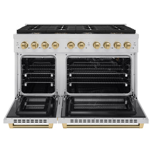 ZLINE Autograph 48" 6.7 cu. ft. Paramount Double Oven Gas Range with 8 Burner Cooktop in Stainless Steel and Champagne Bronze Helix Handles and Knob Accents, SGRZ-48-KCB