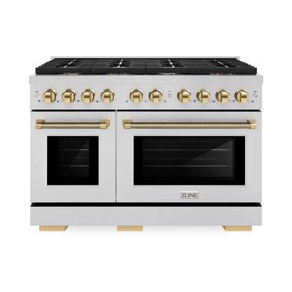 ZLINE Autograph 48" 6.7 cu. ft. Paramount Double Oven Gas Range with 8 Burner Cooktop in Stainless Steel and Polished Gold Helix Handles and Knob Accents, SGRZ-48-KG
