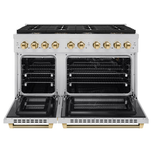 ZLINE Autograph 48" 6.7 cu. ft. Paramount Double Oven Gas Range with 8 Burner Cooktop in Stainless Steel and Polished Gold Helix Handles and Knob Accents, SGRZ-48-KG