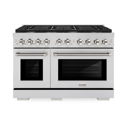 ZLINE Autograph 48" 6.7 cu. ft. Paramount Double Oven Gas Range with 8 Burner Cooktop in Stainless Steel and Polished Nickel Helix Handles and Knob Accents, SGRZ-48-KPN