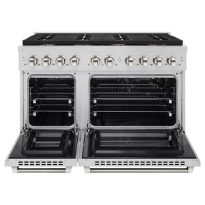 ZLINE Autograph 48" 6.7 cu. ft. Paramount Double Oven Gas Range with 8 Burner Cooktop in Stainless Steel and Polished Nickel Helix Handles and Knob Accents, SGRZ-48-KPN