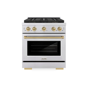 ZLINE Autograph Edition 30" 4.2 cu. ft. Paramount Gas Range with 4 Burner DuoPro™ Cooktop and Convection Gas Oven in Stainless Steel with Champagne Bronze Accents, PSGRZ-30-CB