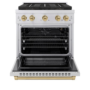 ZLINE Autograph Edition 30" 4.2 cu. ft. Paramount Gas Range with 4 Burner DuoPro™ Cooktop and Convection Gas Oven in Stainless Steel with Champagne Bronze Accents, PSGRZ-30-CB