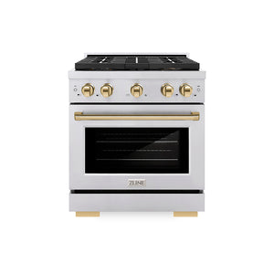 ZLINE Autograph Edition 30" 4.2 cu. ft. Paramount Gas Range with 4 Burner DuoPro™ Cooktop and Convection Gas Oven in Stainless Steel with Polished Gold Accents, PSGRZ-30-G