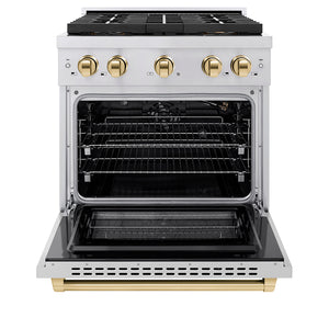 ZLINE Autograph Edition 30" 4.2 cu. ft. Paramount Gas Range with 4 Burner DuoPro™ Cooktop and Convection Gas Oven in Stainless Steel with Polished Gold Accents, PSGRZ-30-G