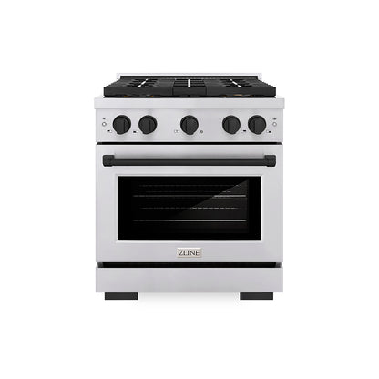 ZLINE Autograph Edition 30" 4.2 cu. ft. Paramount Gas Range with 4 Burner DuoPro™ Cooktop and Convection Gas Oven in Stainless Steel with Matte Black Accents, PSGRZ-30-MB