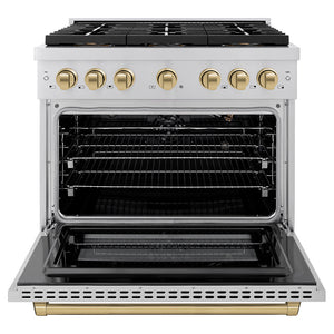ZLINE Autograph 36" 5.2 cu. ft. Paramount Gas Range with 6 Burner DuoPro™ Cooktop and Convection Gas Oven in Stainless Steel and Champagne Bronze Accents, PSGRZ-36-CB