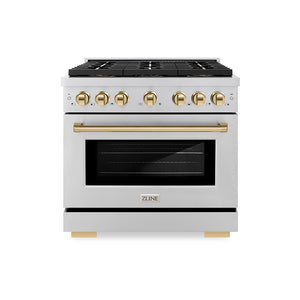 ZLINE Autograph 36" 5.2 cu. ft. Paramount Gas Range with 6 Burner DuoPro™ Cooktop and Convection Gas Oven in Stainless Steel and Polished Gold Accents, PSGRZ-36-G