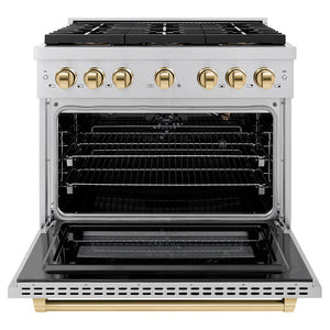 ZLINE Autograph 36" 5.2 cu. ft. Paramount Gas Range with 6 Burner DuoPro™ Cooktop and Convection Gas Oven in Stainless Steel and Polished Gold Accents, PSGRZ-36-G