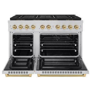 ZLINE Autograph 48" 6.7 cu. ft. Paramount Gas Range with 8 Burner DuoPro™ Cooktop and Dual Ovens in Stainless Steel and Champagne Bronze Accents, PSGRZ-48-CB