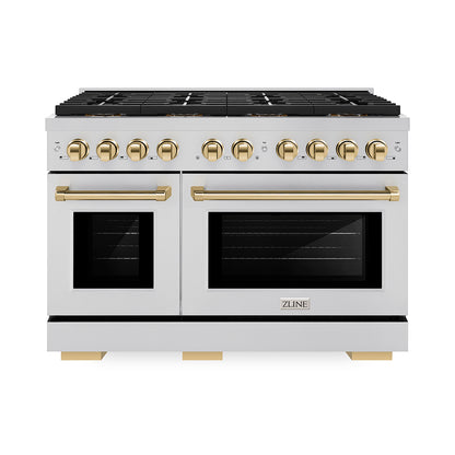 ZLINE Autograph 48" 6.7 cu. ft. Paramount Gas Range with 8 Burner DuoPro™ Cooktop and Dual Ovens in Stainless Steel and Polished Gold Accents, PSGRZ-48-G